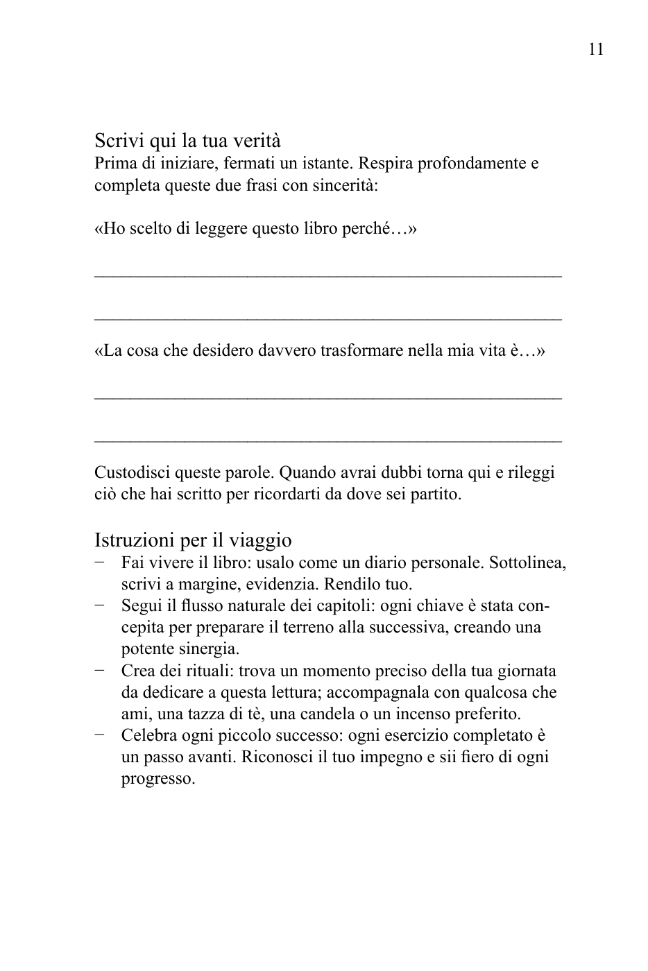 Pagina 11 del libro: Scrivi qui la tua verità, con due domande e spazio per rispondere